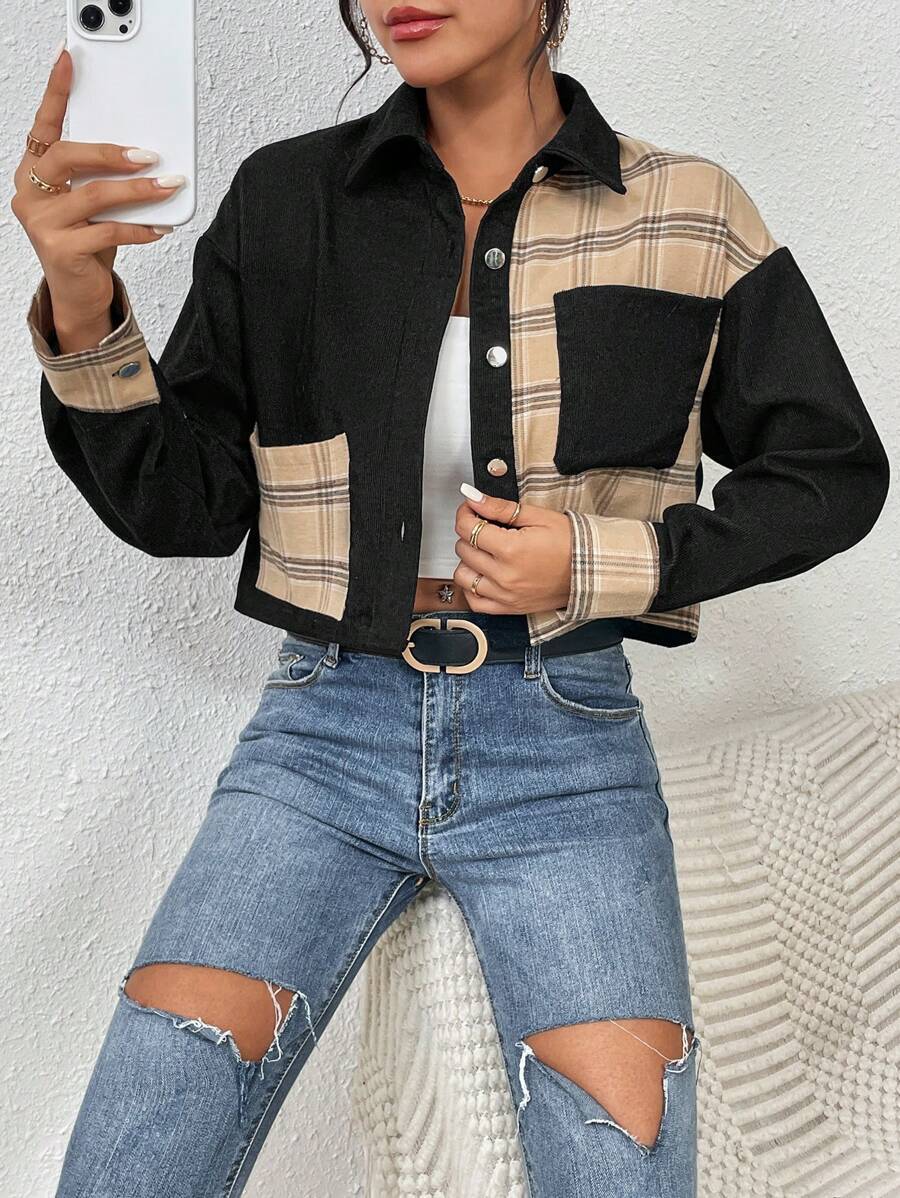 SHEIN Essnce Kẻ sọc tương phản In Thả vai Vá Túi Áo khoác - Nhiều màu - Xem 1