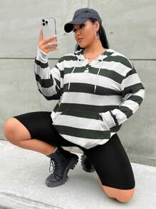 Flirla Plus Size Striped Print Drop Shoulder Drawstring Sweatshirt Pullover Fall Sweatshirt - Dark Green - View 1