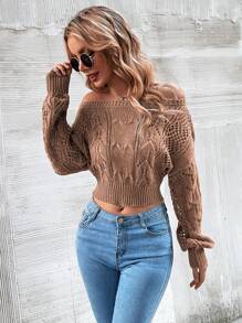 Chiquease 露肩镂空针织短款毛衣、长袖上衣