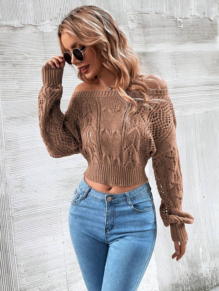 Chiquease 露肩镂空针织短款毛衣、长袖上衣