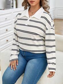 SHEIN Frenchy 大碼條紋印花Polo領落肩T恤 - 杏色 - 查看 5