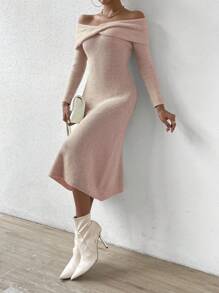 Chiquease Foldover Off Shoulder Twist Front Sweater Dress - Coral Pink - View 4