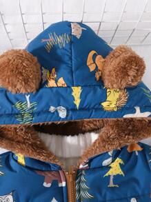 SHEIN 1 peça jaqueta acolchoada com forro quente e grosso para meninos, fofa, solta, desenho animado, animal e árvore, versátil e confortável para o inverno