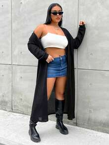 Flirla Talla grande Abrigo largo de hombros caídos con parte delantera abierta - Negro - Ver 6