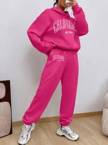 SHEIN Unity 字母圖案袋鼠口袋落肩袖抽繩連帽衫和運動褲 - 玫紅色 - 查看 6