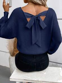 SHEIN Frenchy Tie Back Drop Shoulder Back Band Sweater,New Years Women Outfit In Fall/Winter - Navy Blue - View 4
