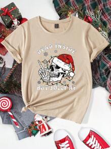 SHEIN Unity Christmas Skull & Slogan Graphic Tee - Khaki - View 1