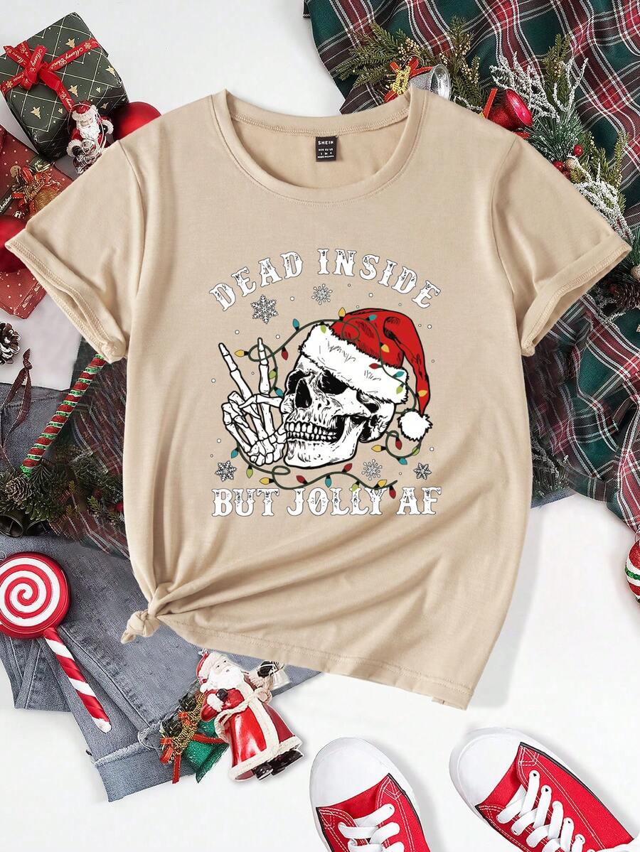 SHEIN Unity Christmas Skull & Slogan Graphic Tee - Khaki - View 1