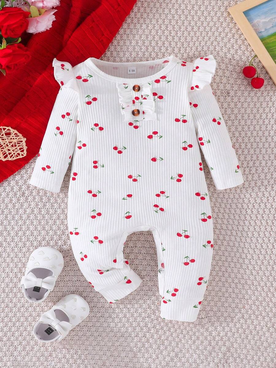 Baby Girl Cherry Print Ruffle Trim Button Front Jumpsuit - White - View 1