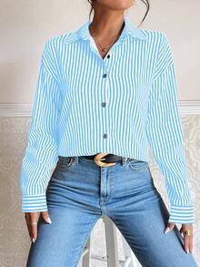 Chiquease Striped Print Drop Shoulder Shirt - Blue - View 4