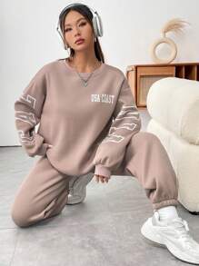 SHEIN Unity Letter Graphic Drop Shoulder Sweatshirt & Sweatpants - Dusty Pink - View 1