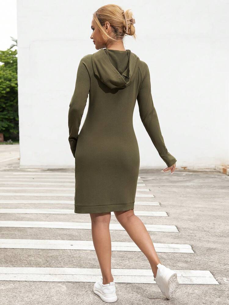 Solid Raglan Sleeve Hooded Bodycon Dress