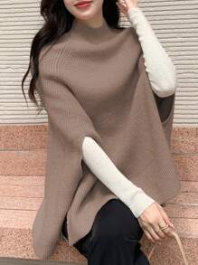 Dazy Star Solid Mock Neck Knit Poncho - Khaki - View 1