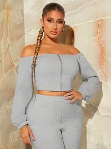 SHEIN SXY Off Shoulder Zip Up Crop Sweatshirt - Light Grey - View 4