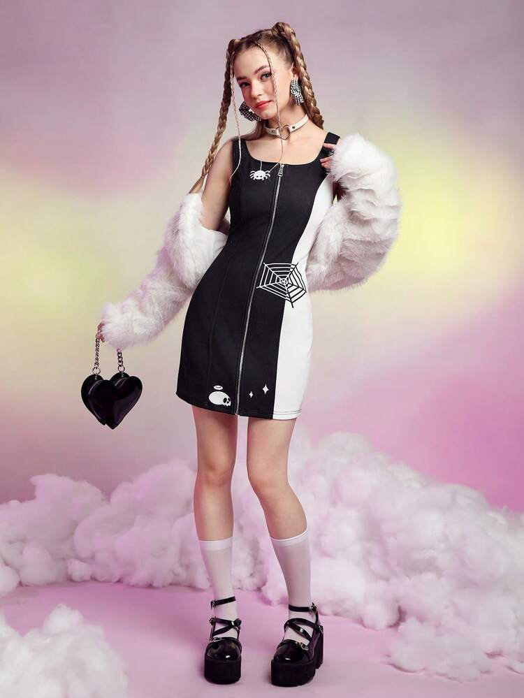 Two Tone Cartoon Graphic Zip Up Dress