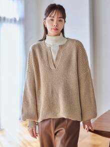 FRIFUL 1pc Notched Neck Drop Shoulder Sweater Fall - Apricot - View 5