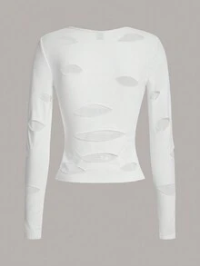 SHEIN ICON 素色前鏤空T恤 - 白色 - 查看 2