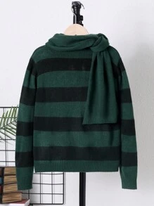 SHEIN Tween Boy Two Tone Striped Pattern Sweater With Scarf - Multicolor - View 2