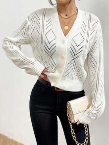 SHEIN Frenchy Pointelle Knit Drop Shoulder Cardigan - White - View 4