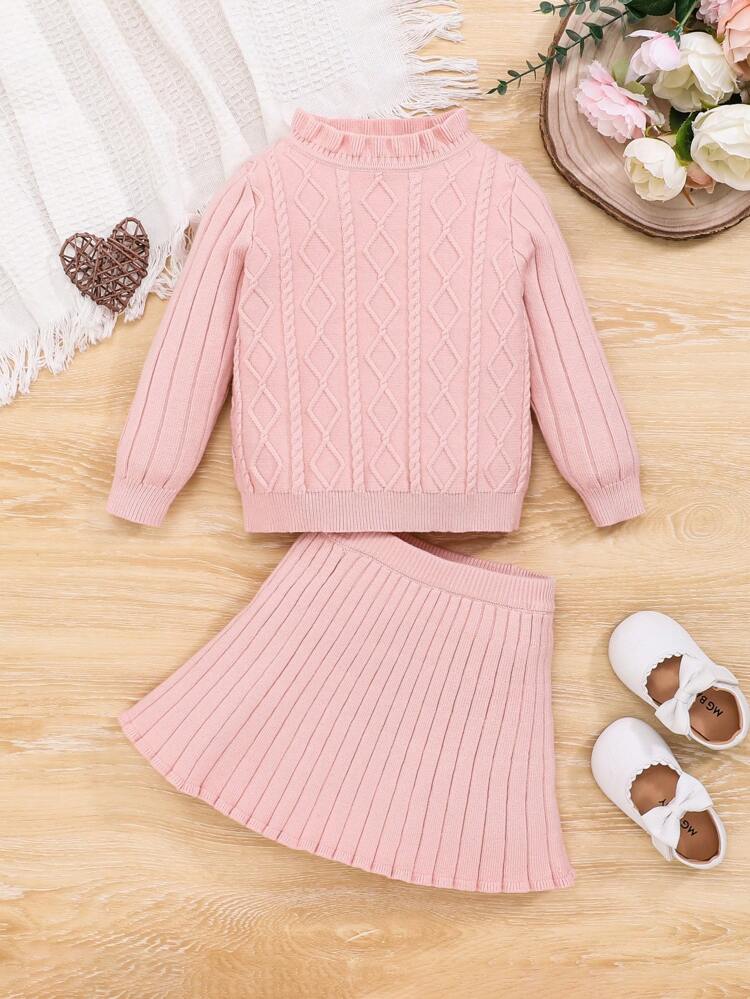 Baby Girls' Casual Loose Fit Sweater And Skirt With Round Neckline Long Sleeve Top Set