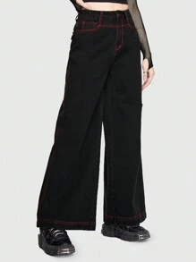 ROMWE Grunge Punk 刺繡細節寬腳無彈黑色牛仔褲,不含腰帶