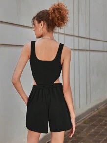 SHEIN EZwear Bộ đồ hai mảnh nữ Dây kéo màu trơn Giải trí - màu đen - Xem 2