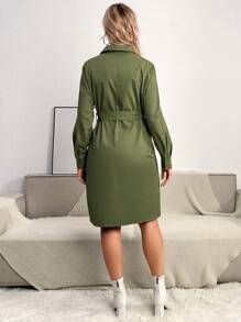 SHEIN 孕婦素色腰帶襯衫洋裝 - 軍綠色 - 查看 2