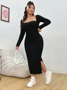 SHEIN EZwear Plus甜心領分割式收身連身裙 - 黑色 - 查看 3