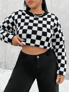 Flirla Plus Checker Pattern Drop Shoulder Sweater - Black and White - View 3