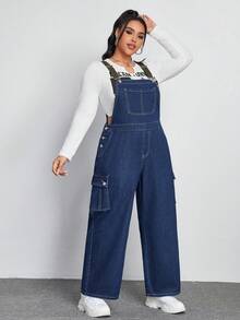 SHEIN ICON 大碼翻蓋口袋牛仔背帶褲不帶T恤 - 深色水洗藍 - 查看 3