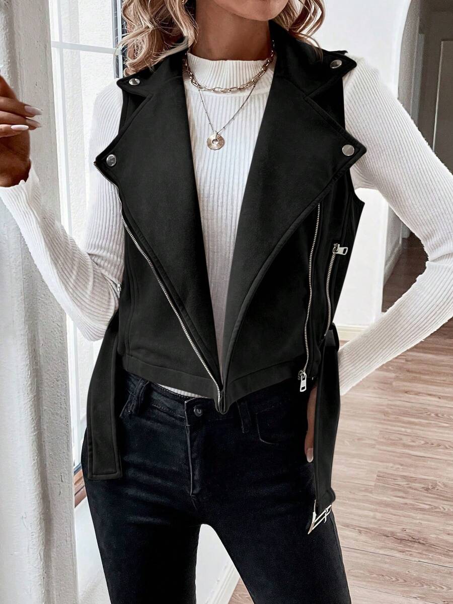 SHEIN Frenchy Dây kéo Thắt lưng Áo khoác vest - màu đen - Xem 1