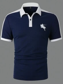 Calvornis Men Horse & Figure Graphic Contrast Side Seam Polo Shirt - Royal Blue - View 6