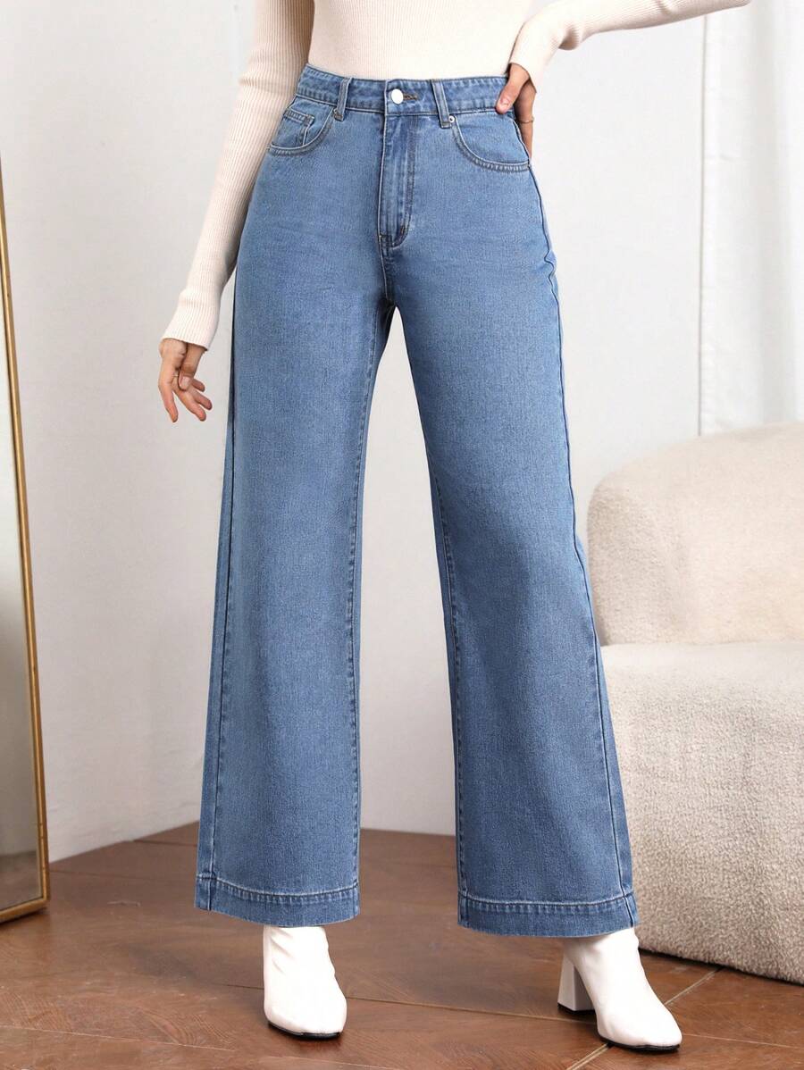 EMERY ROSE Fashionable Mid-Waist Blue Casual Straight Loose Versatile Jeans - Light Wash - View 1