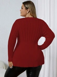 SHEIN Unity Plus Pointelle 针织荷叶边毛衣套头衫秋冬毛衣 - 酒紅色 - 查看 3