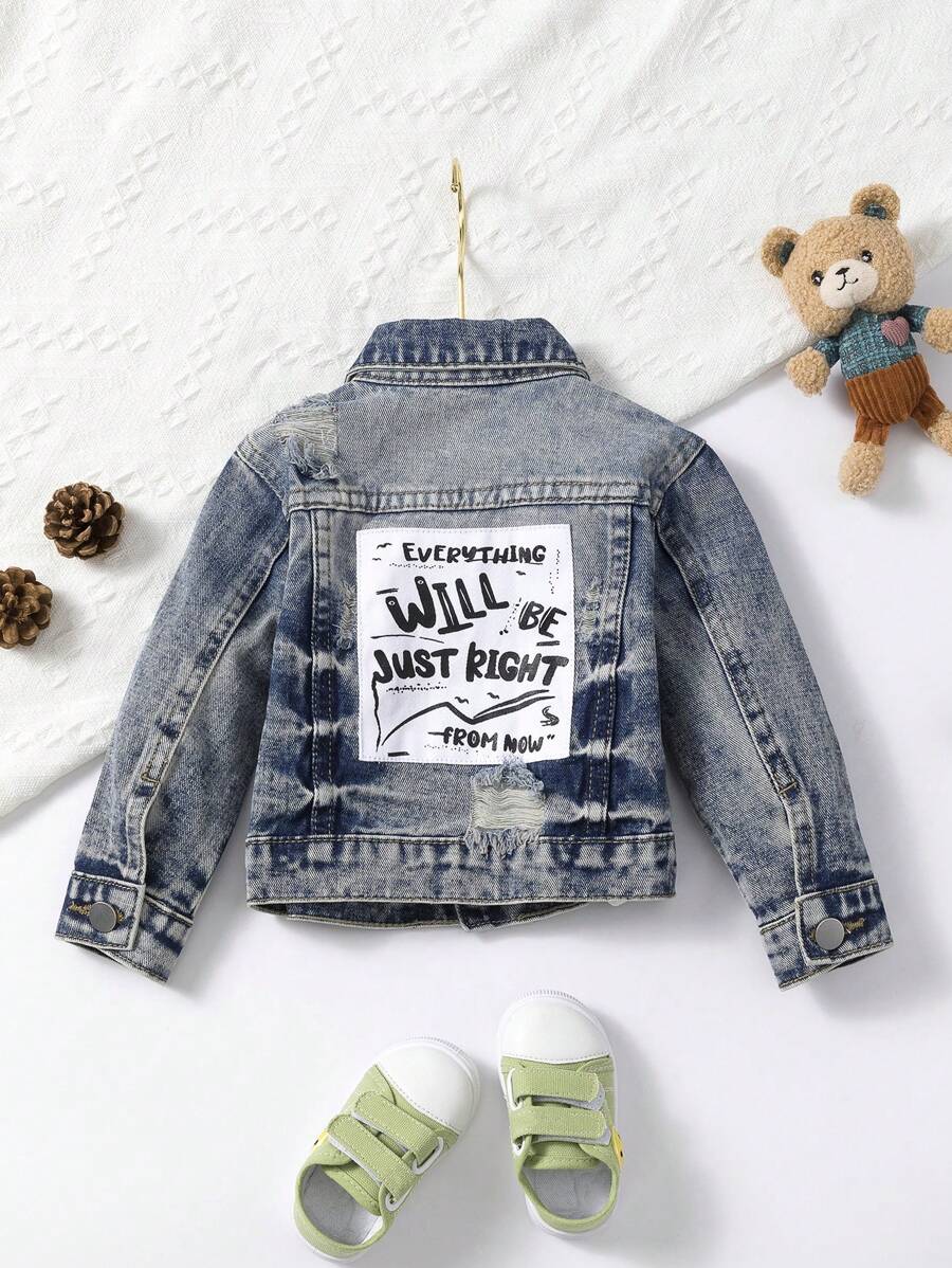 Baby Boy Casual Patchwork Printed Distressed Denim Jacket, Washed - Medium Wash - View 1