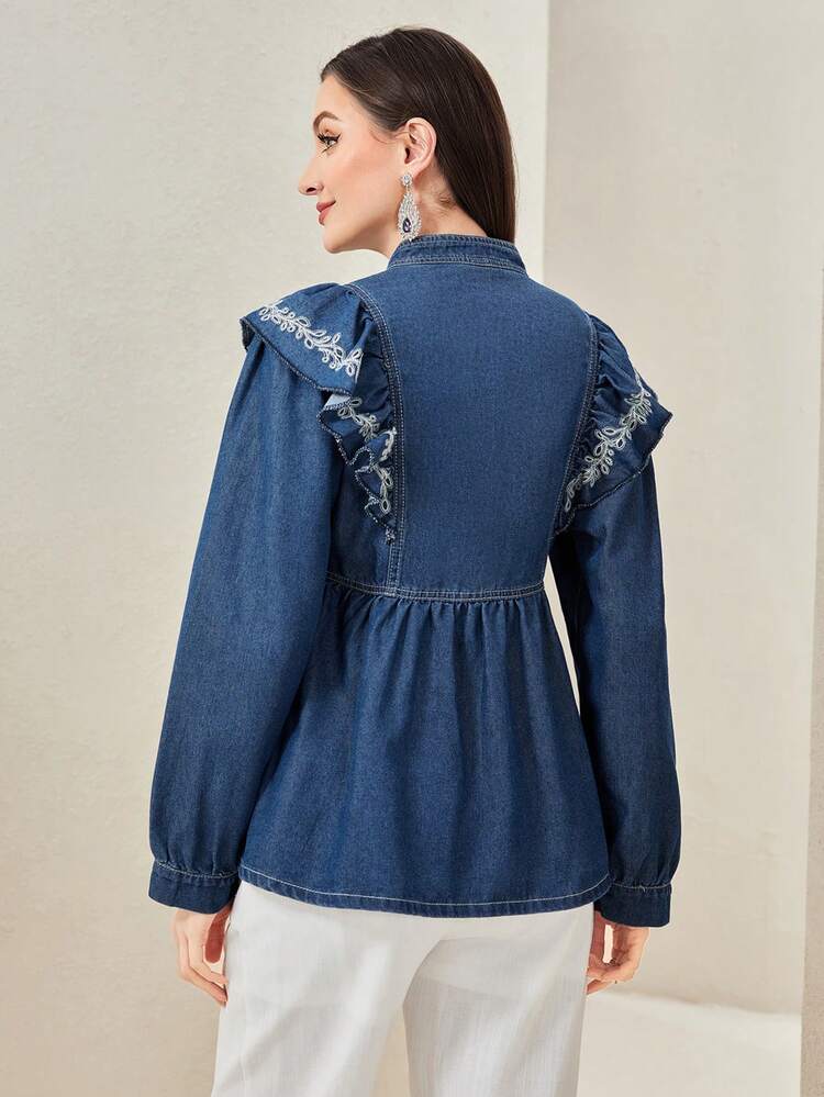 Embroidery Ruffle Trim Button Front Peplum Denim Blouse