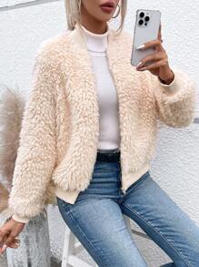 SHEIN VCAY 拉鏈開襟毛茸茸飛行員夾克 - 杏色 - 查看 5