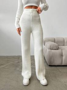 EURMUSE Solid Ribbed Knit Straight Leg Sweater Pants - Beige - View 5