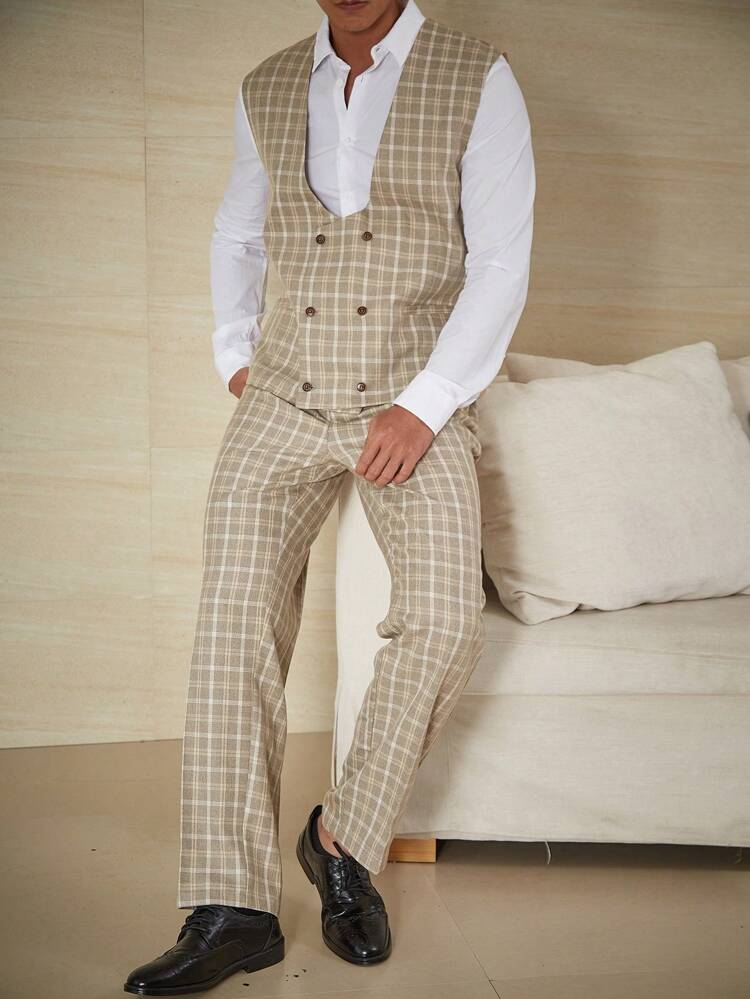 Men Plus Plaid Double Breasted Vest Blazer & Suit Pants Without Shirt