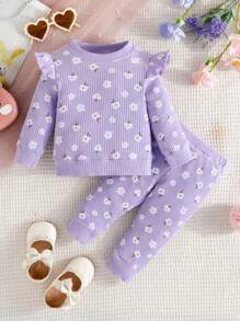 Baby Girl Floral Print Ruffle Trim Sweatshirt & Sweatpants - Mauve Purple - View 1