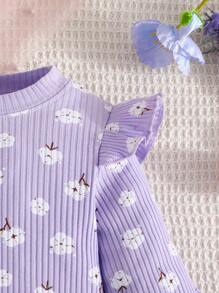 Baby Girl Floral Print Ruffle Trim Sweatshirt & Sweatpants - Mauve Purple - View 4