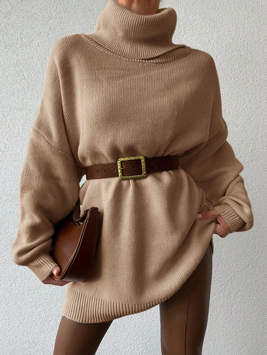 EURMUSE Rollkragenpullover Ohne Gürtel Mit Tief Angesetzten Schultern - Rostige Rose - Übersicht 1
