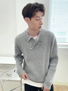 Manfinity Hypemode 男士翻領半拉鍊針織毛衣 - 灰色 - 查看 6