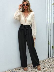 SHEIN VCAY Two Tone Contrast Lace Belted Jumpsuit - Multicolor - View 1