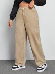 SHEIN ICON Plus Zipper Fly Straight Leg Boyfriend Jeans - Khaki - View 5