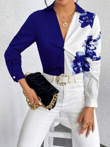 SHEIN Clasi Floral Print Twist Front Two Tone Blouse,Long Sleeve Tops Fall Cloth For Women - Royal Blue - View 6