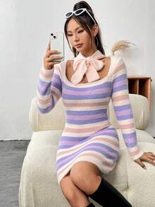 SHEIN Qutie 條紋圖案大圓領毛衣洋裝帶系帶 - 粉色 - 查看 6
