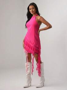 VERO DIAZ 素色不對稱下擺掛脖洋裝 - 玫紅色 - 查看 3