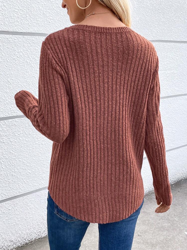 Contrast Lace Curved Hem Knit Pullover Fall Winter Sweater