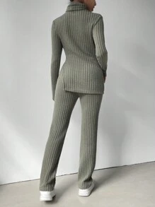 SHEIN Essnce High Neck Split Hem Tee & Pants - Army Green - View 2